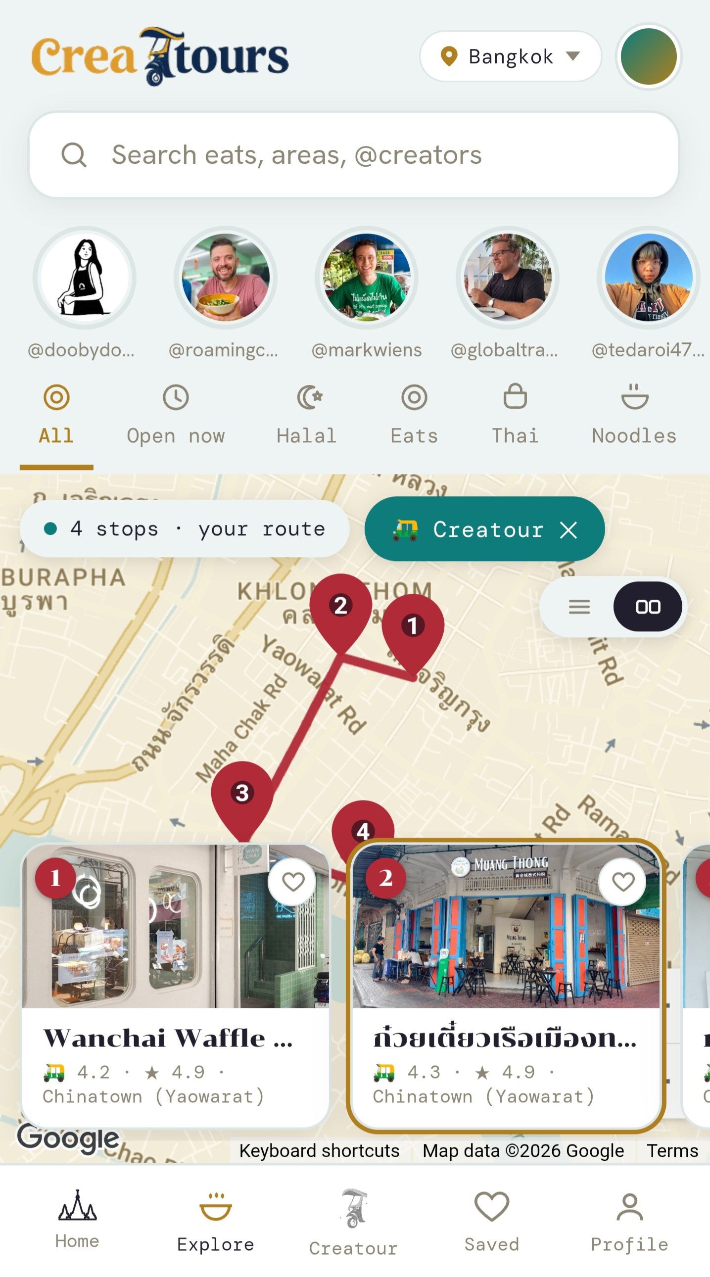 Creatour route — 4 stops across Chinatown, Yaowarat